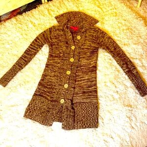 CHERRY STIX BROWN & CREAM CARDIGAN SWEATER RUFFLED FRONT Size Large BUTT…